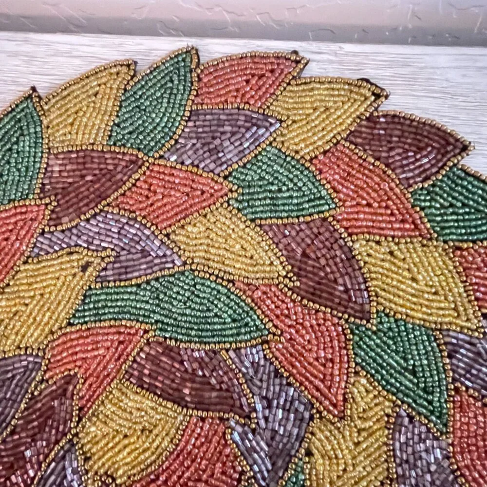 Placemat Fall Multi Colors Beaded Round Leaf Pattern